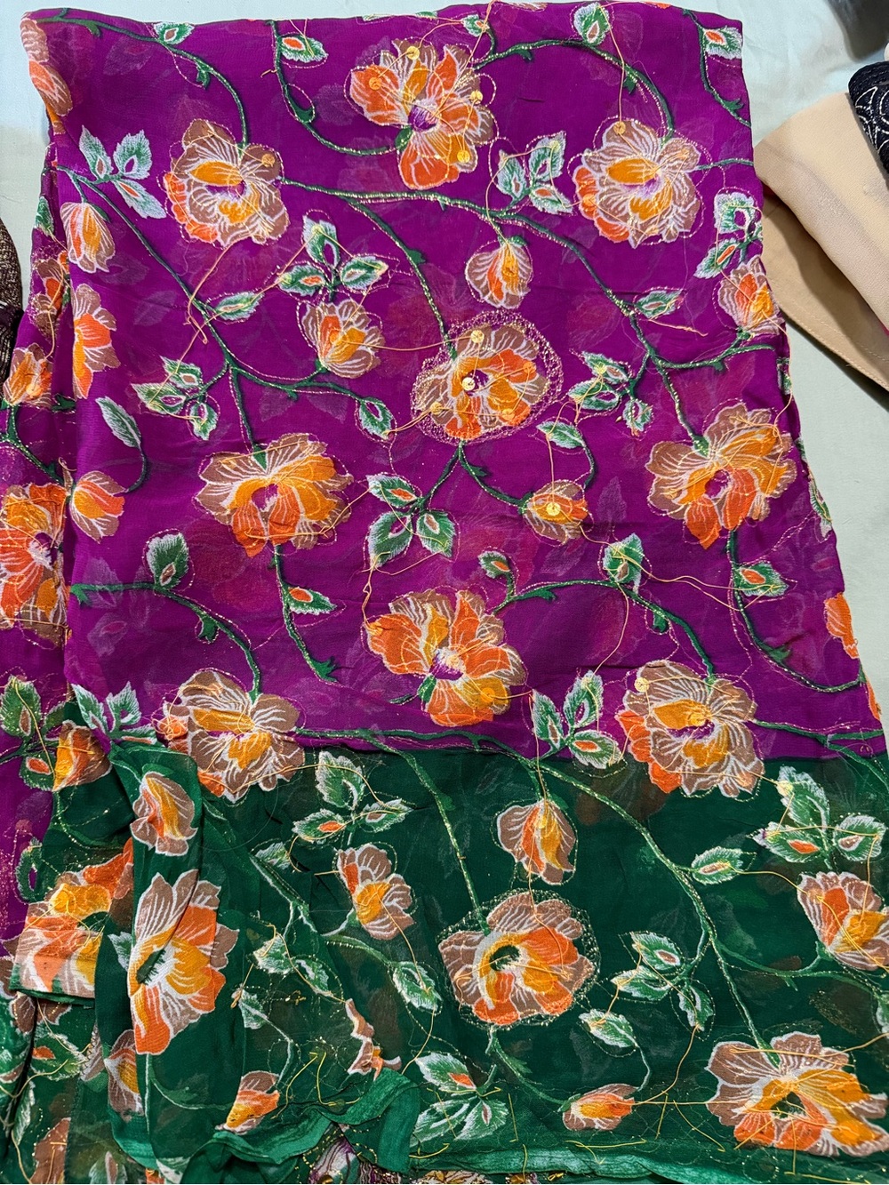 Floral Embroidered Two-Tone Women’s Saree — Purple & Green